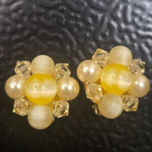 Vintage 1940's signed Lisner Clip Back Earrings with Crystal and Moon glow beads